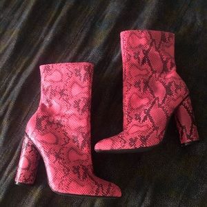 Pink Faux Snakeskin Heel Booties